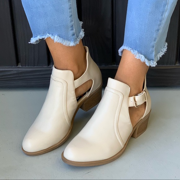 Beige Side Cut Out Buckle Booties - Picture 2 of 8
